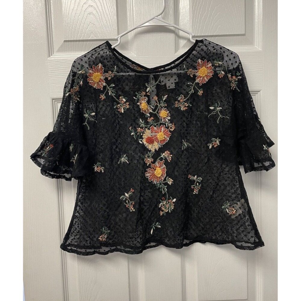Anthropologie Maeve Black Lace Floral Womens Shirt Small